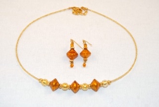 Amber murano glass diamond and globe necklace and earrings