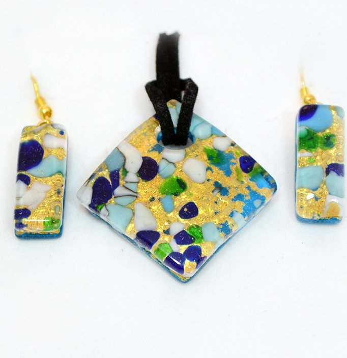 Blue and gold murano pendant and earrings set