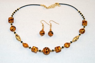 Cubes, oblongs and globes amber murano glass necklace and earrings set