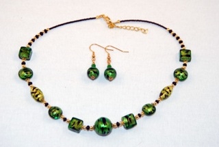 Cubes, oblongs and globes emerald murano glass necklace and earrings set