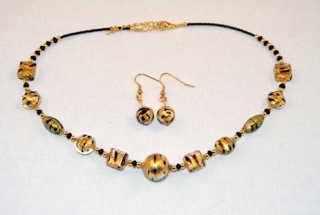 Cubes, oblongs and globes gold murano glass necklace and earrings set