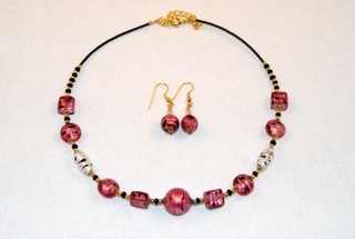 Cubes, oblongs and globes pink murano glass necklace and earrings set