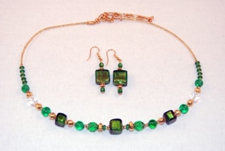 Emerald murano glass cubes and globes necklace and earrings