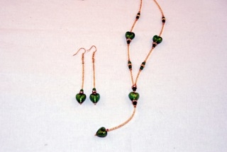 Emerald murano glass dangle heart necklace and earrings