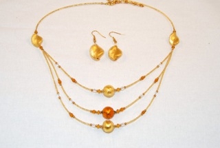 Gold 3 tiers murano glass necklace and earings set