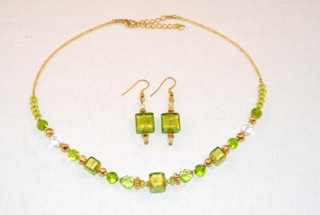 Lime murano glass cubes and globes necklace and earrings