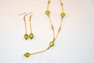 Lime murano glass dangle heart necklace and earrings