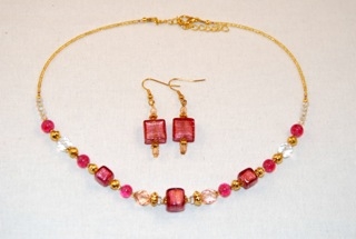 Pink murano glass cubes and globes necklace and earrings