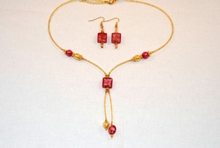 Pink murano glass square dangle necklace and earrings