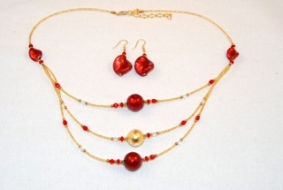 Red 3 tiers murano glass necklace and earrings set