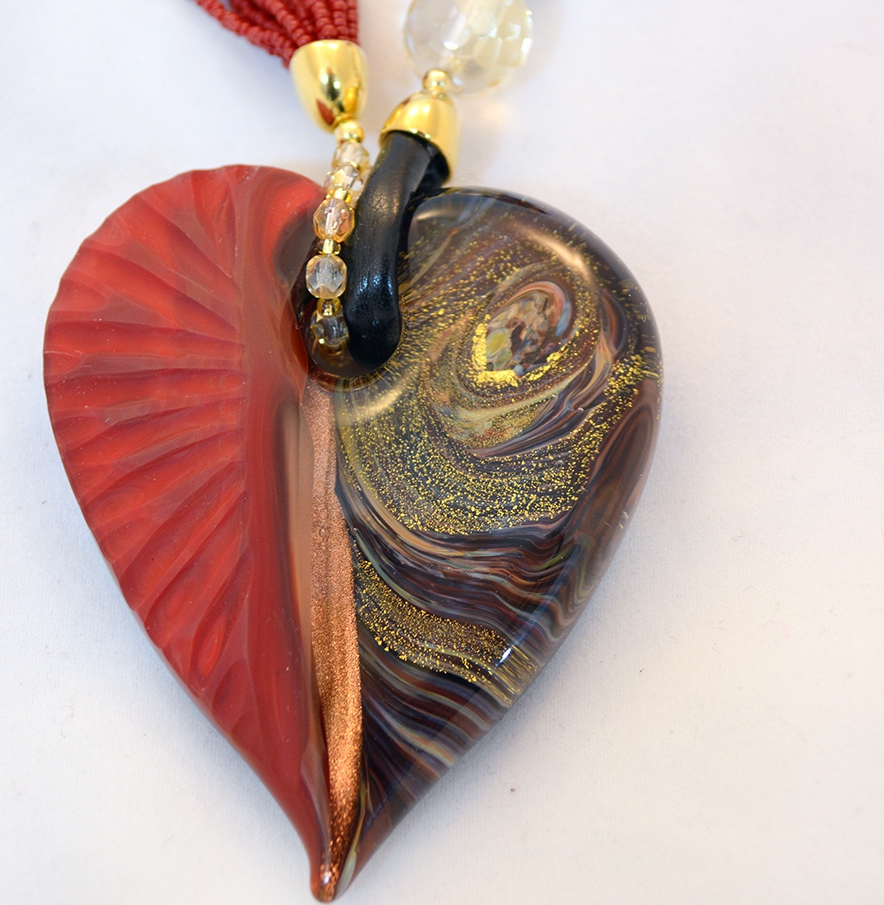 Red and Gold Murano Intaglio Glass Heart Necklace