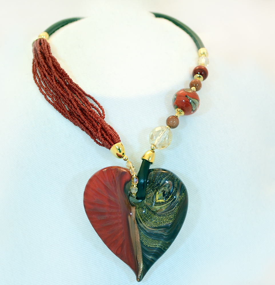 Red and Gold Murano Intaglio Glass Heart Necklace