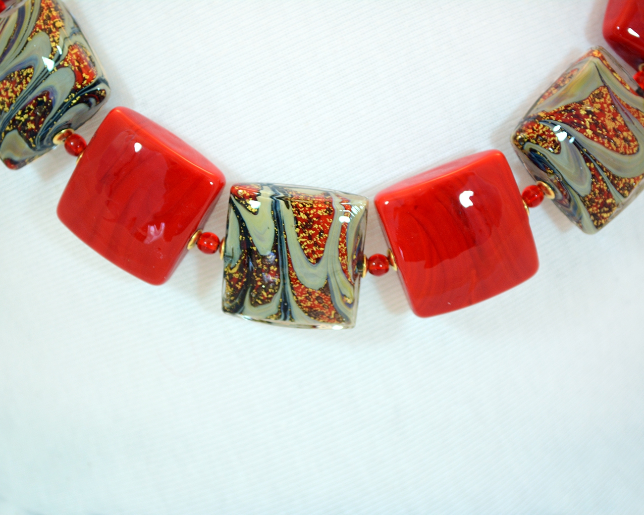 Red and Gold Square Murano Bead Necklace
