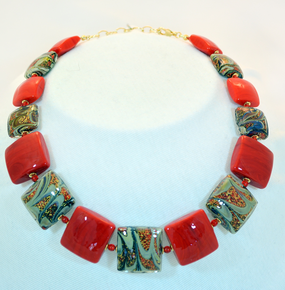 Red and Gold Square Murano Bead Necklace