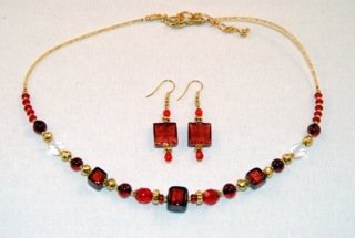 Red murano glass cubes and globes necklace and earrings