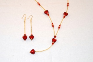 Red murano glass dangle heart necklace and earrings