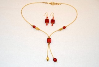 Red murano glass square dangle necklace earrings