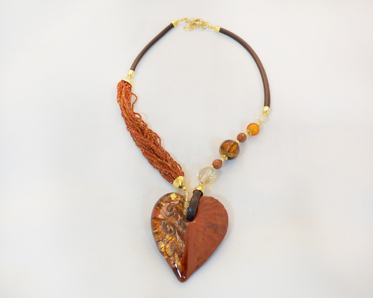 Rust and Gold Murano Intaglio Glass Heart Necklace