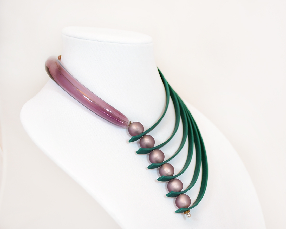 Violet and green murano glass and caoutchouc necklace jewelry