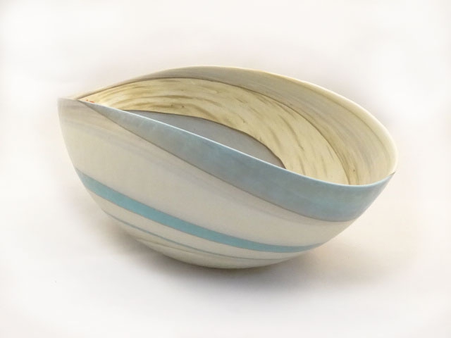Large Nika Murano glass Ivory and Turquoise Folded bowl