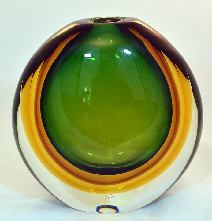 Emerald tobacco and amber round Sommerso murano glass vase