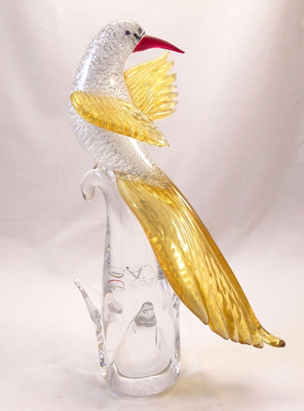 Murano Glass Bird  Silver and Golden Looking Back