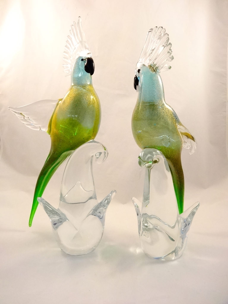 Murano Glass Aqua Gold Family Parrots with Green tail