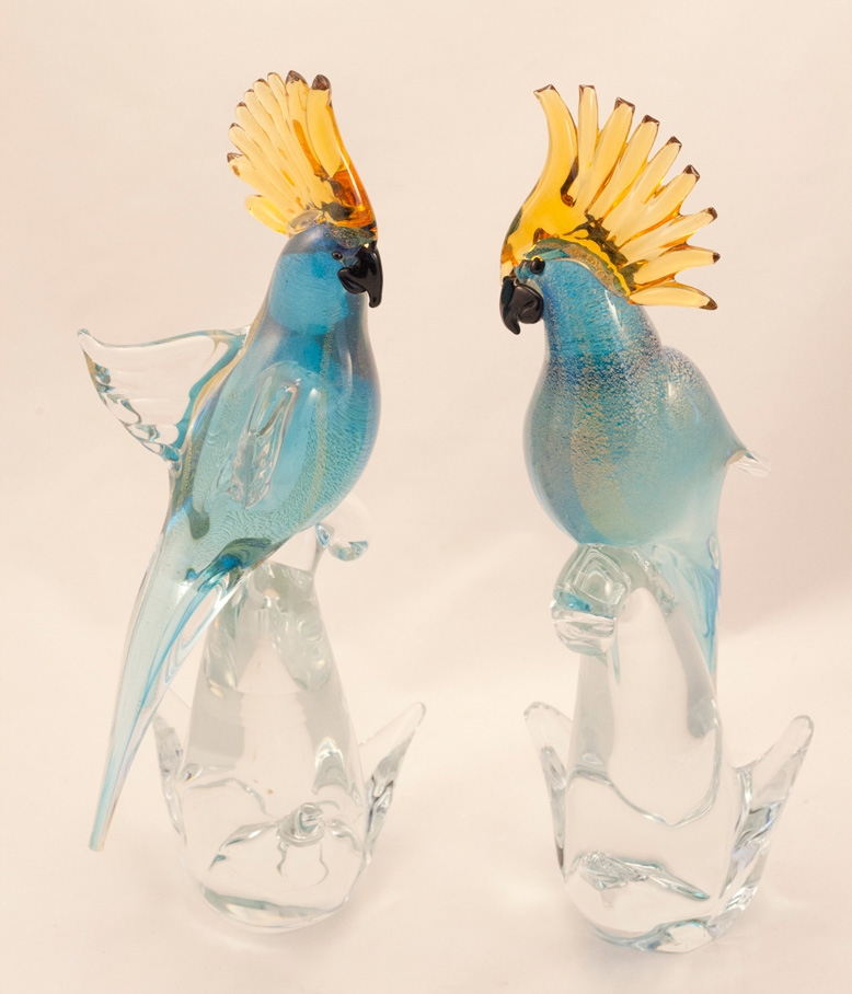 Murano Glass Parrots Aqua Gold Pair