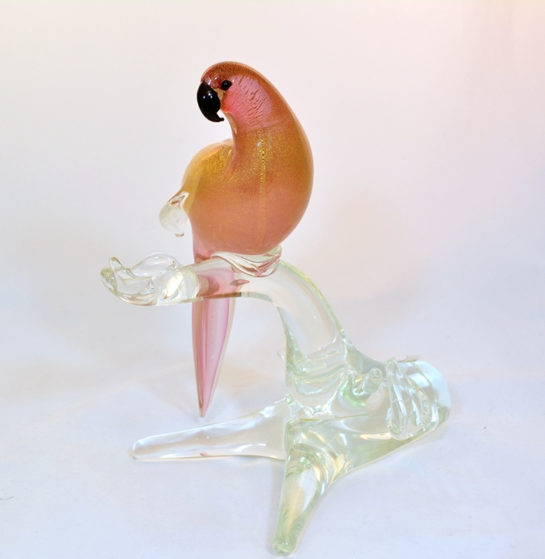 Parrot on a branch ruby and gold murano glass