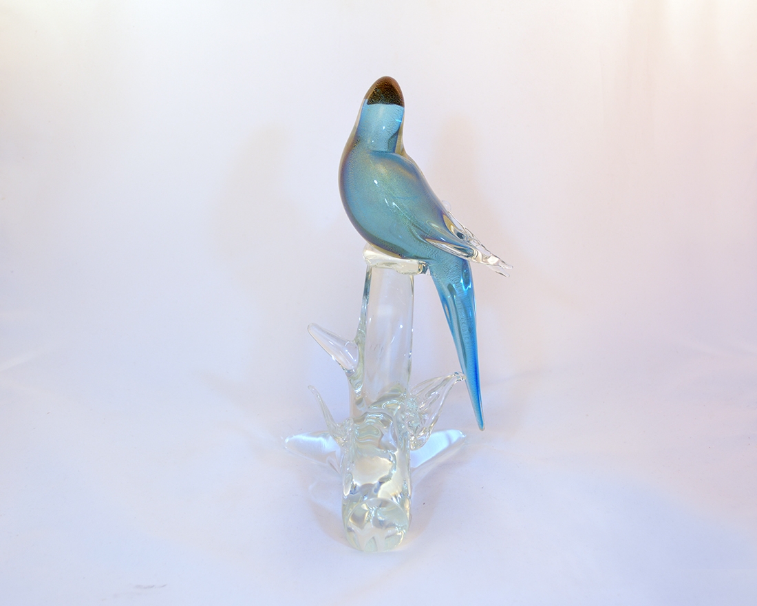 Parrot on a branch turquoise and gold murano glass