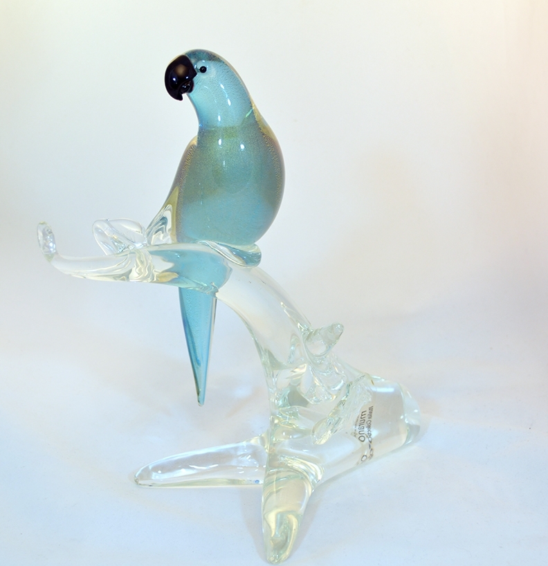 Parrot on a branch turquoise and gold murano glass