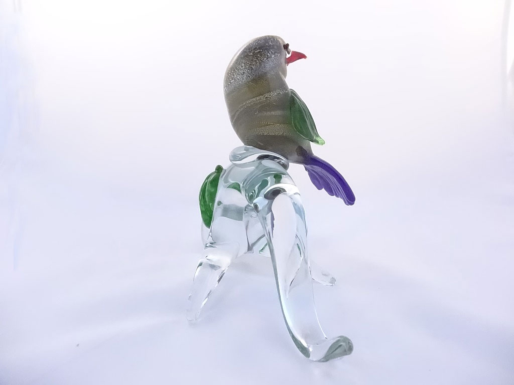 Songbird on a branch green and gold with blue tail murano glass