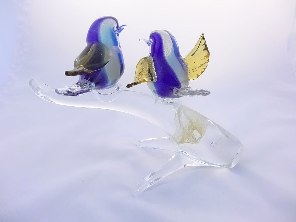 Two Murano Glass Birds on a Branch Blue/Aqua/Amber
