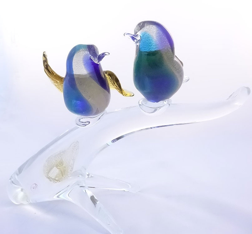 Two Murano Glass Birds on a Branch Blue/Aqua/Amber