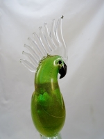 Murano Glass Parrot Green/Gold with Clear Crest