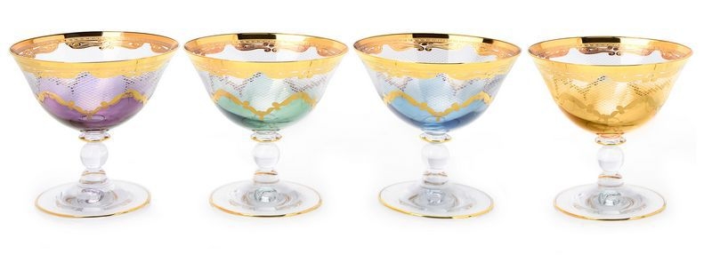 CTGM139-Set 4 Dessert Cups assorted Colors w Diamond Cuts CTGM139-Set 4 Dessert Cups assorted Colors w Diamond Cuts