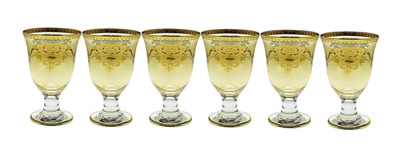 Set of 6 Amber Short Stem Glasses with Gold Design Set of 6 Amber Short Stem Glasses with Gold Design