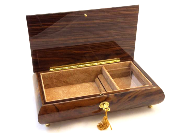Burl Walnut High Gloss Jewelry Box with Bells Inlay
