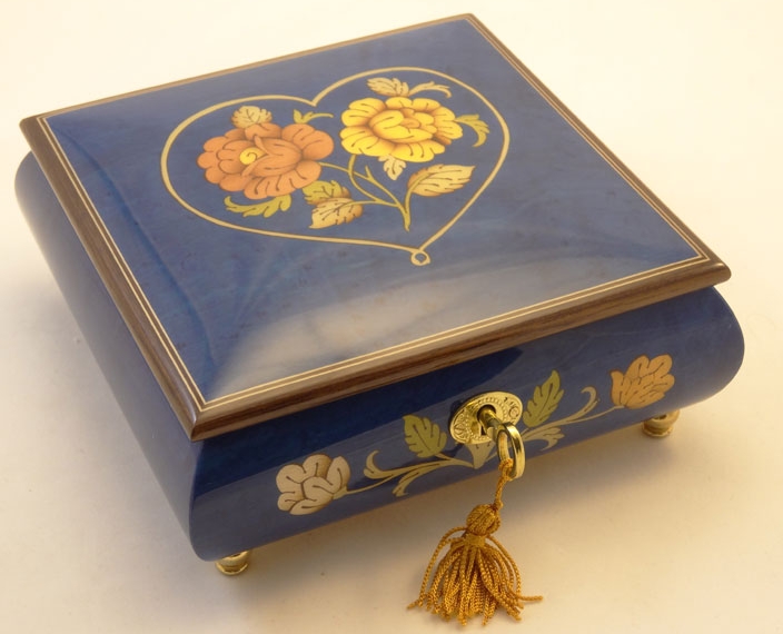 Dark Blue High Gloss Heart and Flowers inlay music box