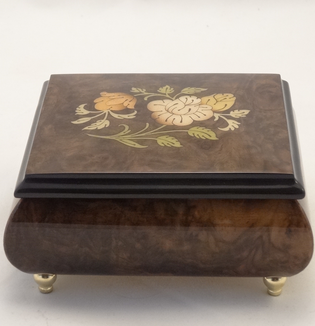 Burl walnut high gloss music box with flowers inlay