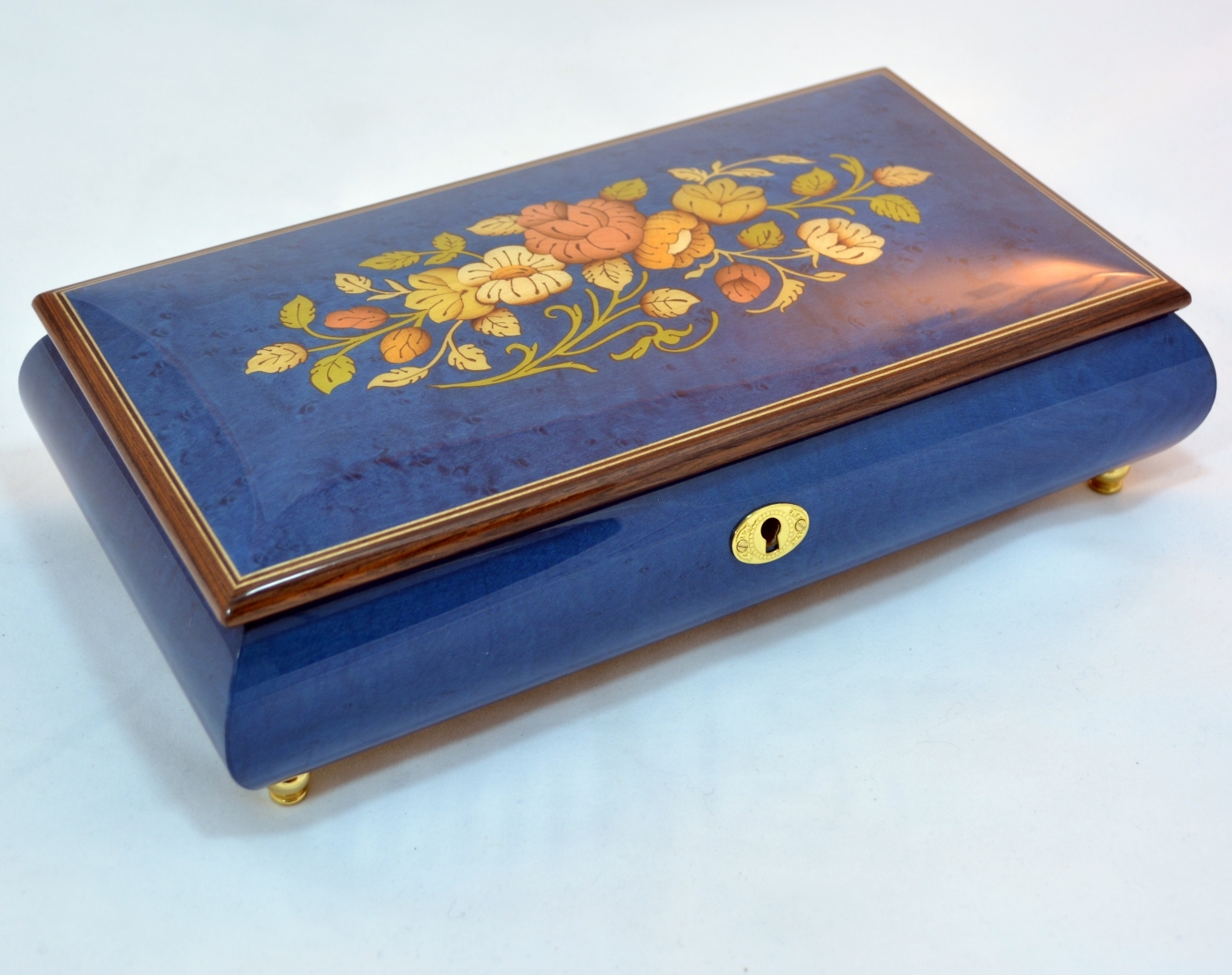 Dark Blue High Gloss  Music Box with Flowers Inlay