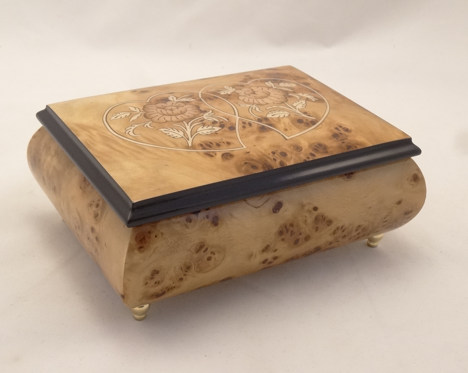 Birds Eye Maple High Gloss Music Box with Two Hearts and Two Flowers Inlay