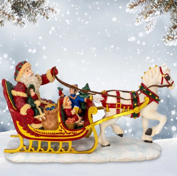 Santa with Children on Horse Sleigh Figurine