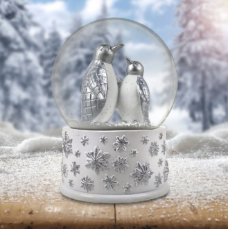 100mm Silver Penguins Playing Snow Globe