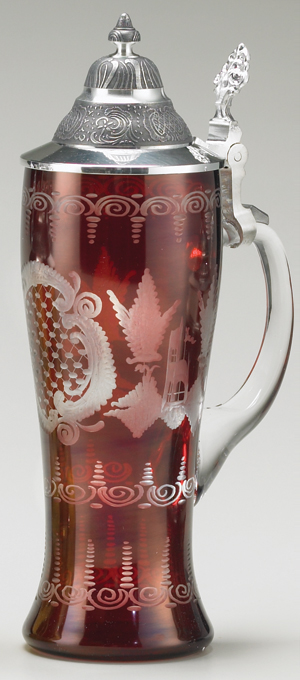 RUBY CARVED CASTLE GLASS STEIN