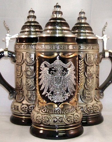 German Eagle Pewter Relief with State Crests German Beer Stein .75L
