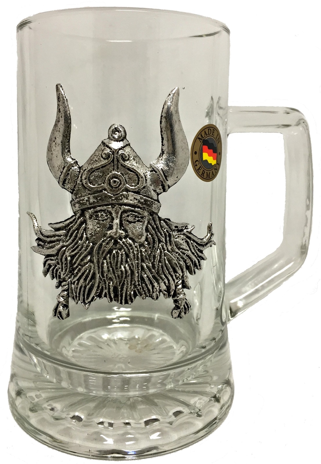 Pewter Viking Wearing Helmet Decal German Glass Beer Stein Mug .4 Liter