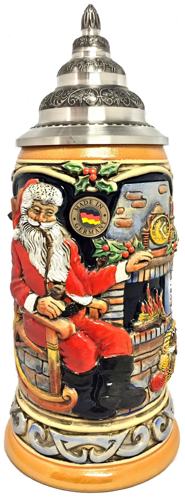 Santa Claus at Home Sitting by Fireplace LE German Christmas Beer Stein .75 L