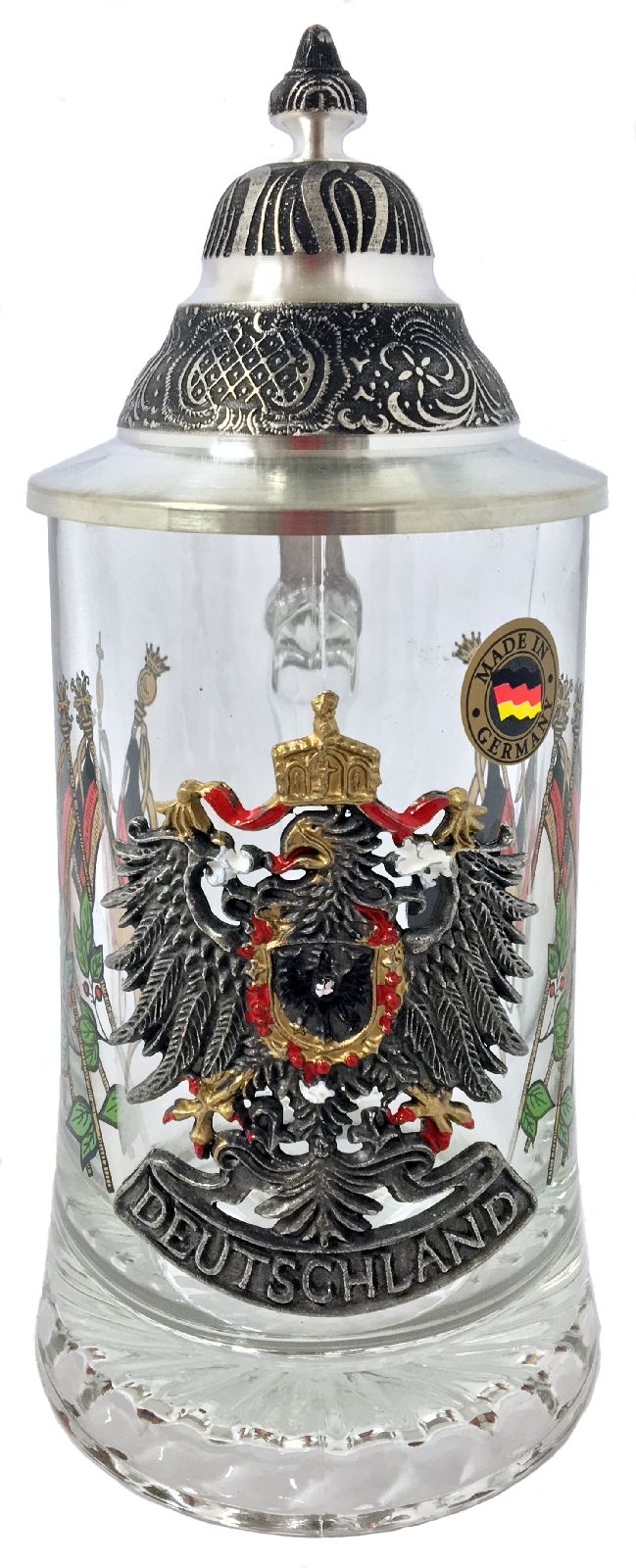 Deutschland Germany Eagle and Flags Pewter Lid Glass European Beer Stein .4 L