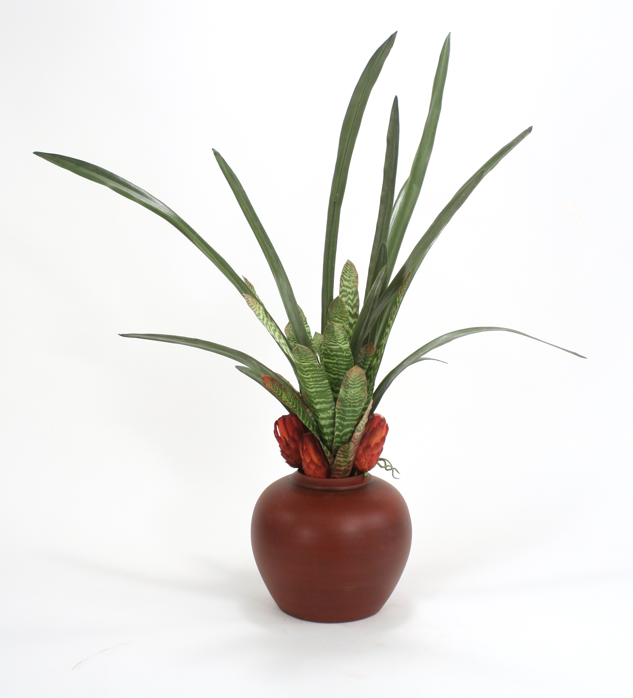 Silk Bromeliads, Orchid Foliage and Dried Grandiceps in Fat Red Vase